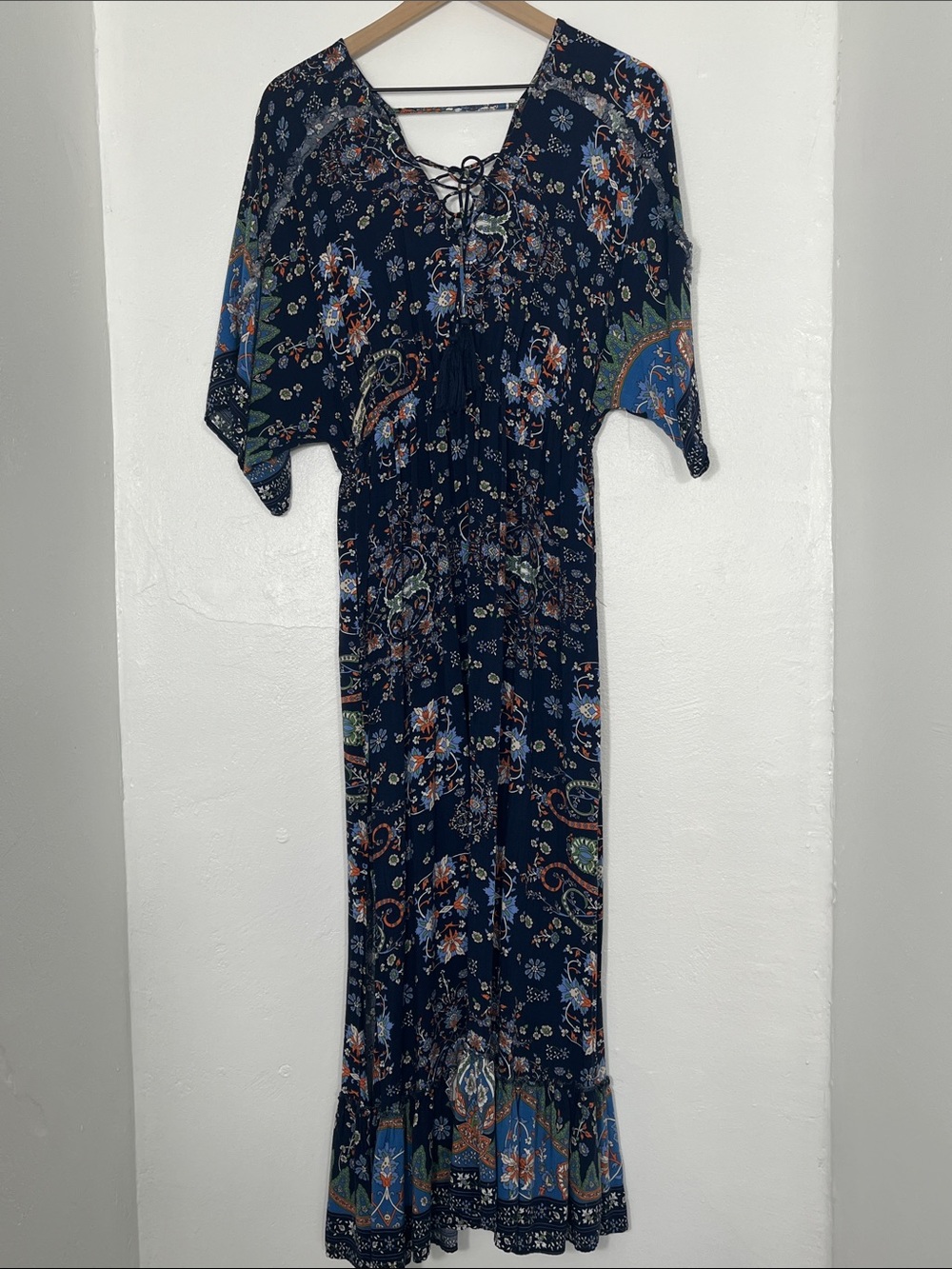 Bohemian Navy Paisley Lace-Up Maxi Dress